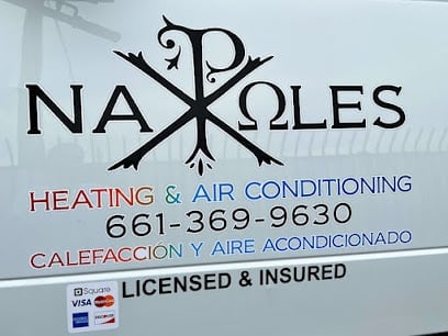 Napoles Heating and Air Conditioning business sign with logo, phone number 661-369-9630, and licensed insured credentials